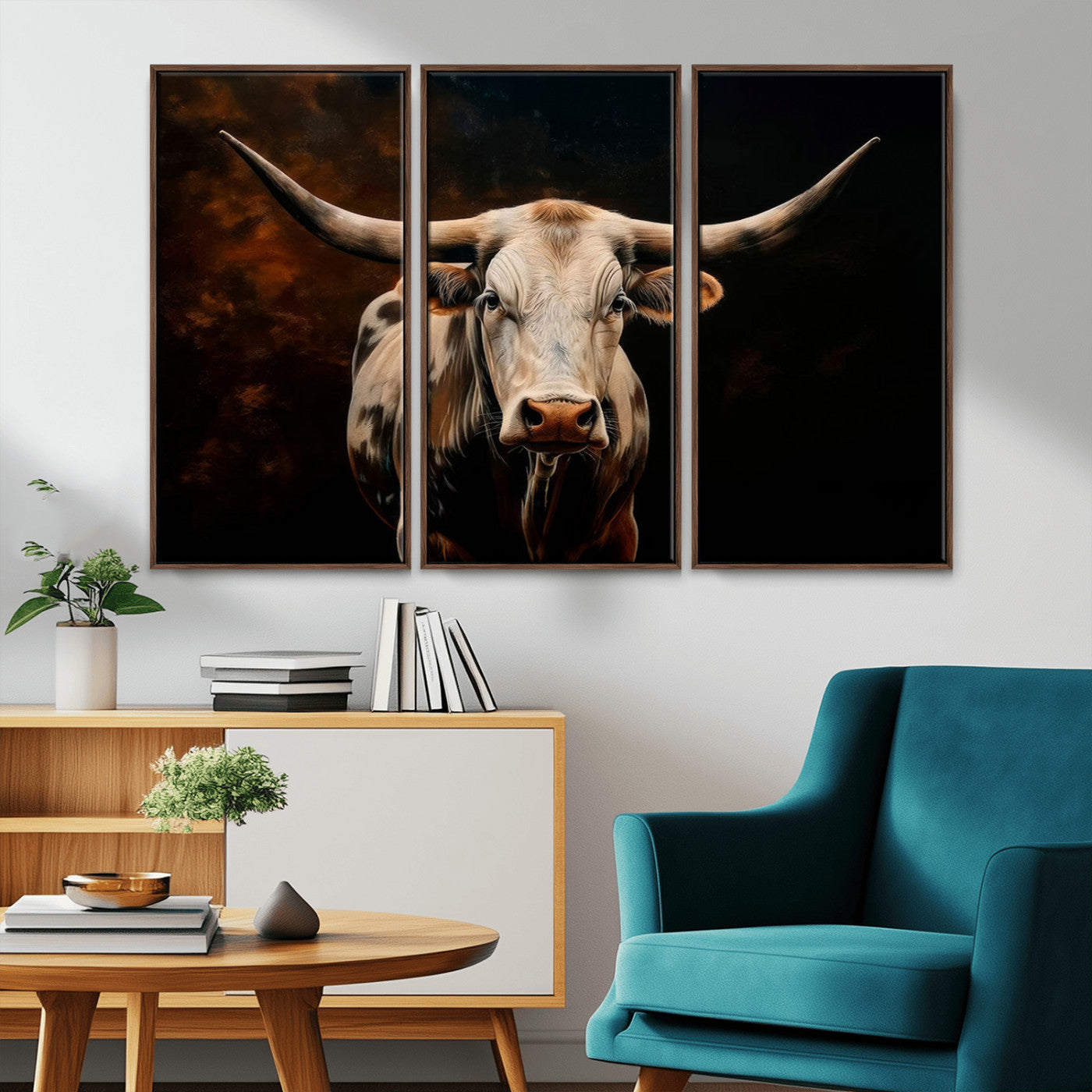 MGV-FC-48X32-3P - Texas Longhorn Wall Art | 3-Panel Large Texas Longhorn Canvas Print for Living Room, Office, or Farmhouse Decor | Framed Giclee Longhorn Wall Art