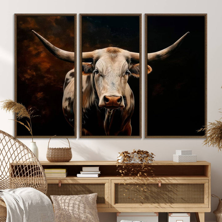 A large 3-panel Texas Longhorn canvas print dominates the space.