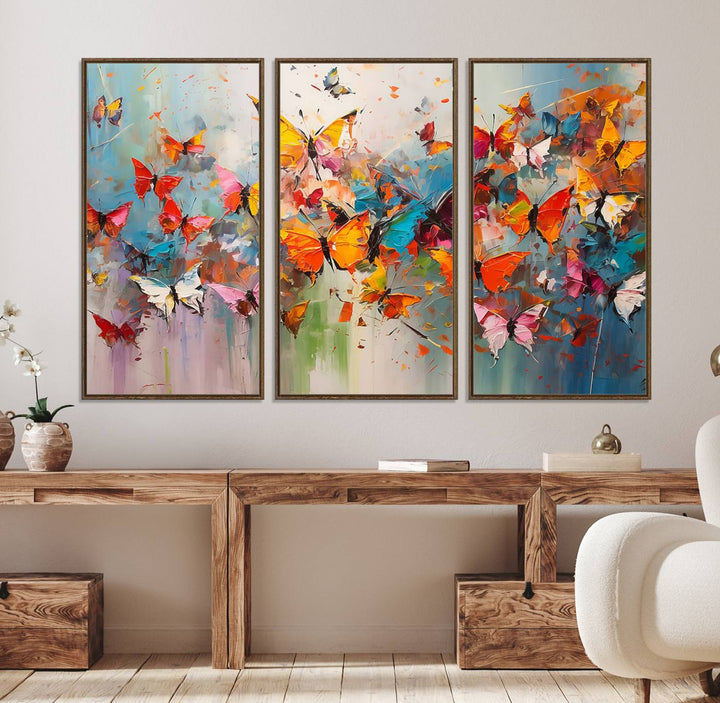 The Abstract Butterfly Wall Art Canvas Print hangs prominently, adding a touch of elegance and creativity to the room.