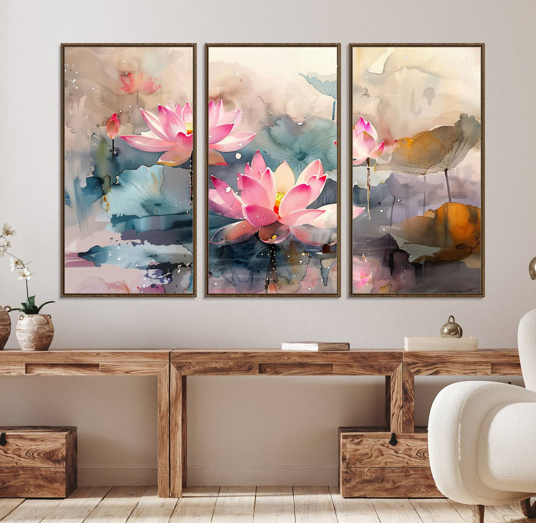 A pink lotus wall art adorns the space.