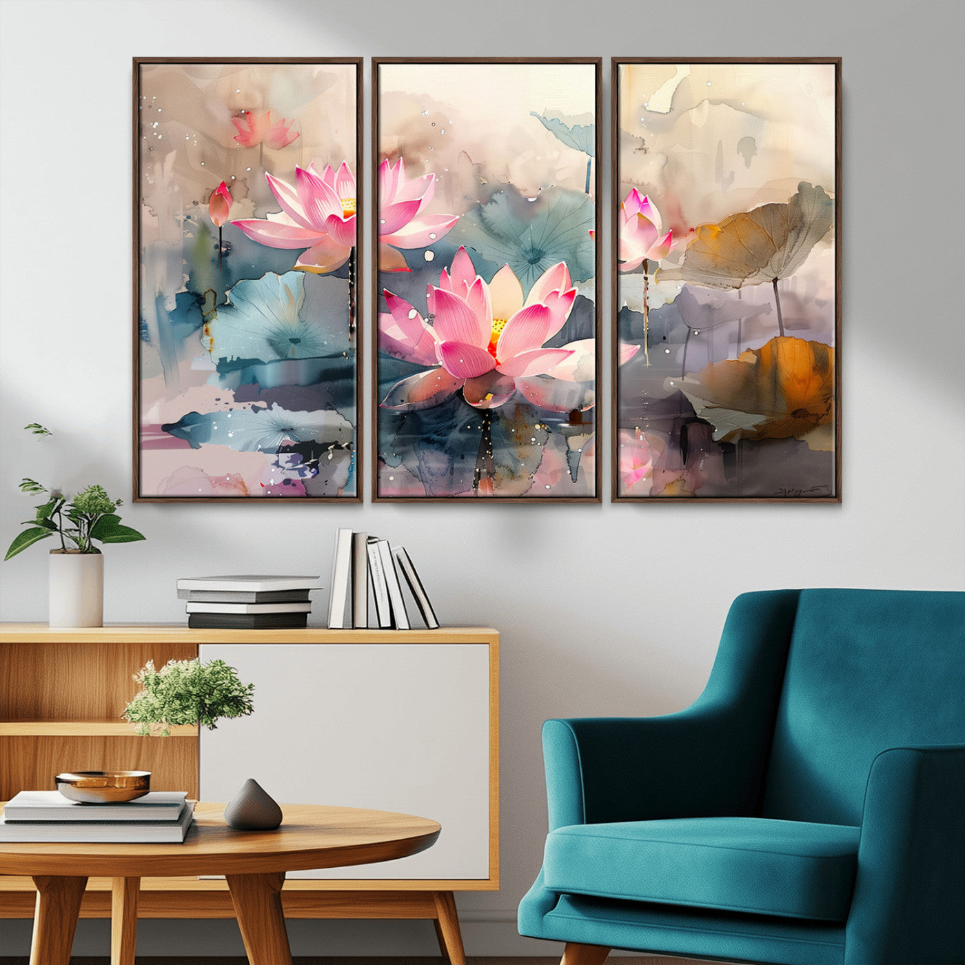 MGV-FC-48X32-3P - Lotus Flower Wall Art | 3-Panel Giclee Canvas Print of Pink Lotus Blossoms for Living Room, Bedroom, Office | Framed Lotus Floral Wall Art Decor Print