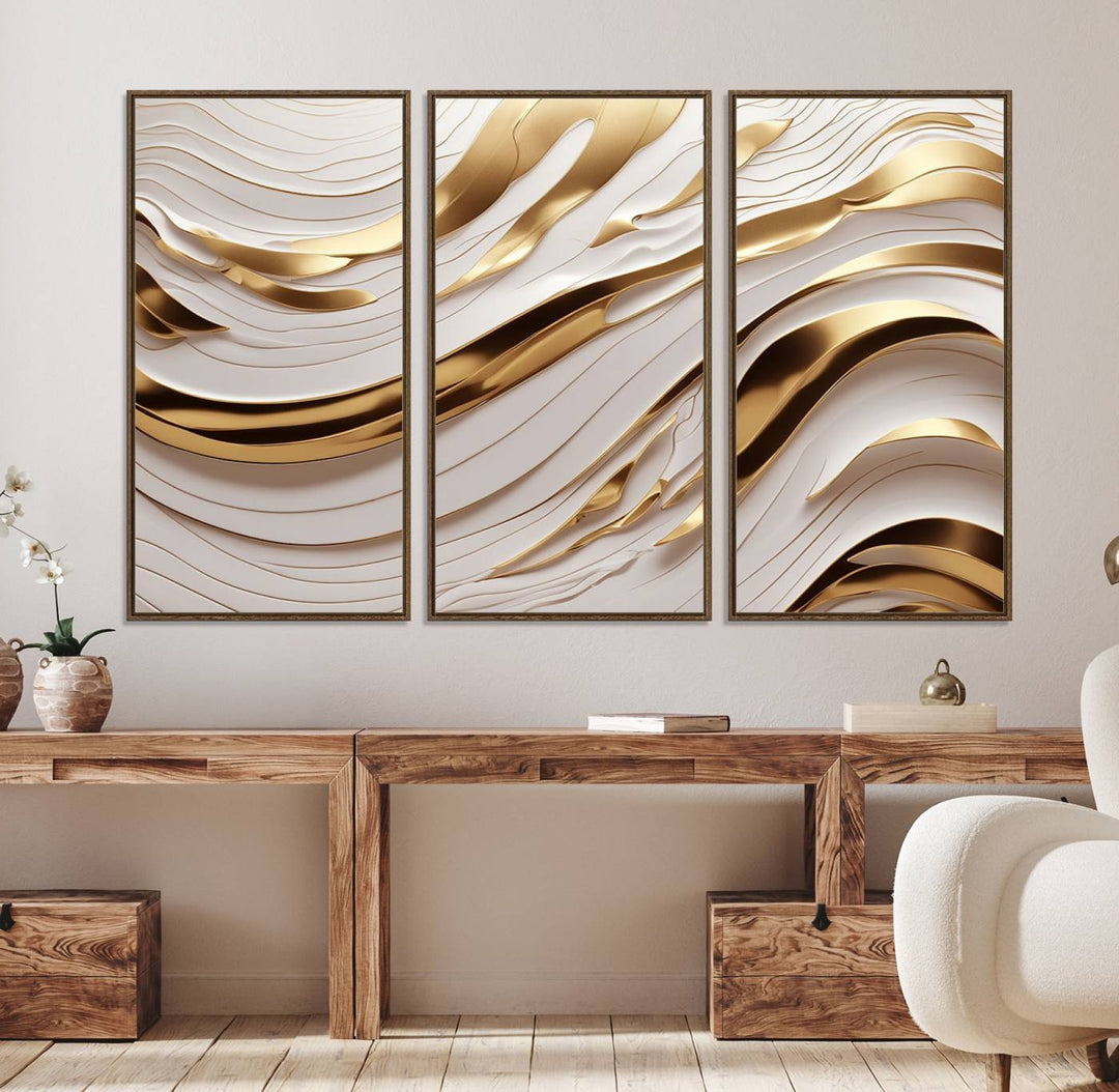 A Gold and White Abstract Wave Canvas with luxurious golden accents.