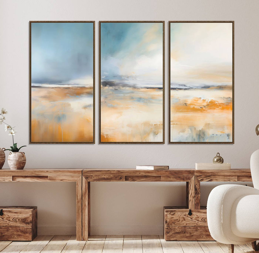 Abstract Landscape Wall Art in warm tones of orange and blue.