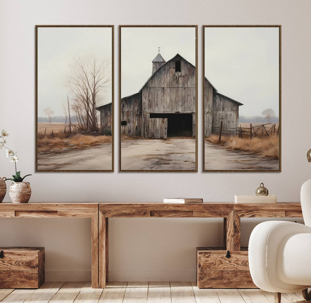 The Farmhouse Rustic Barn Wall Art Canvas Print, framed and ready to hang, enhances the farmhouse décor.