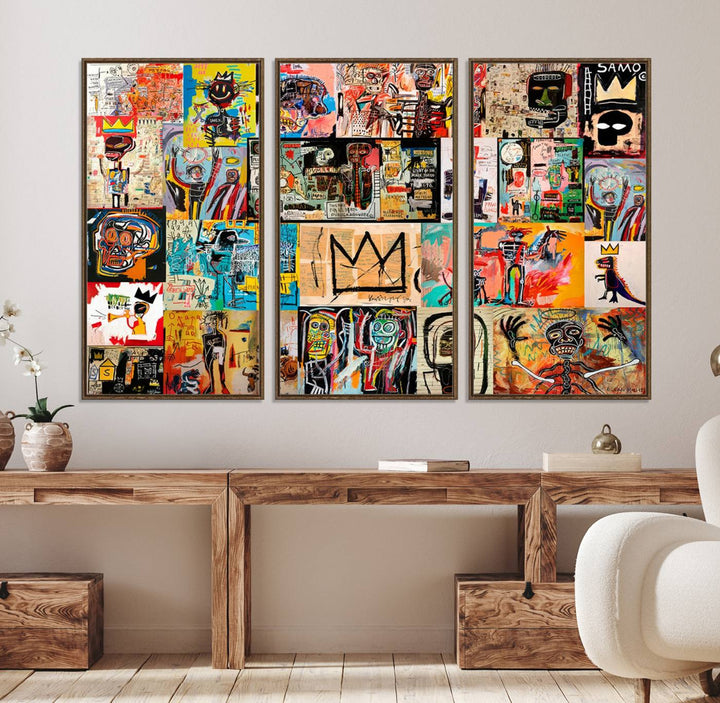 A Basquiat graffiti-style collage adorns the wall.