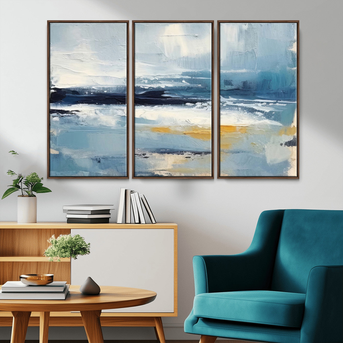 MGV-FC-48X32-3P - Abstract Ocean Canvas Wall Art - Coastal Blue and Gold Textured Painting, Modern Seascape Decor for Living Room Decor
