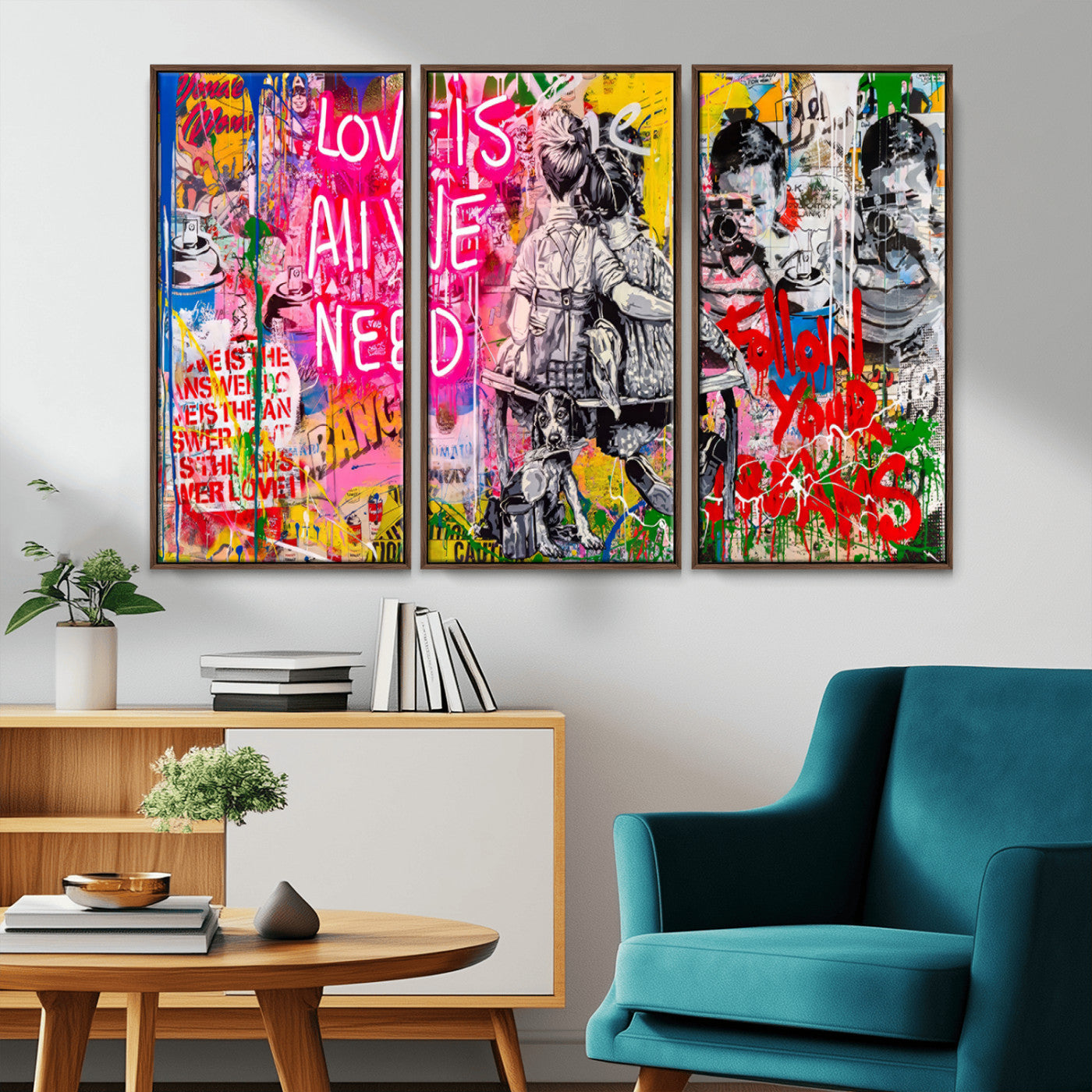MGV-FC-48X32-3P - Follow Your Dreams & Love is All We Need Graffiti Street Art Triptych | 3-Panel Colorful Urban Wall Art for Living Room, Office, Loft Graffiti Wall Art Print