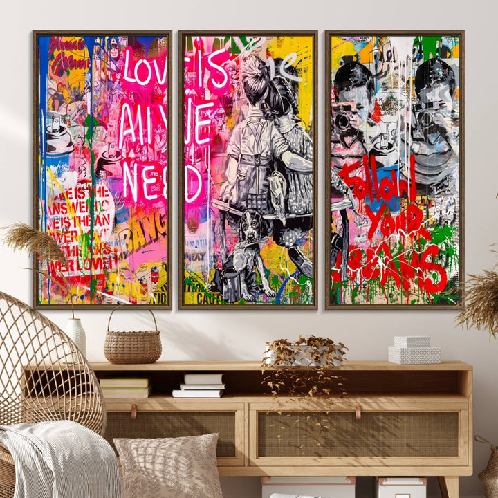 A vibrant and dynamic triptych features distorted horizontal lines, resembling graffiti street art. This artwork conveys the themes of "Follow Your Dreams" and "Love is All We Need" across three colorful panels.