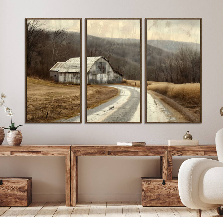 The wall exudes rustic charm, highlighted by the Vintage Barn Farmhouse Wall Decor Canvas Print.