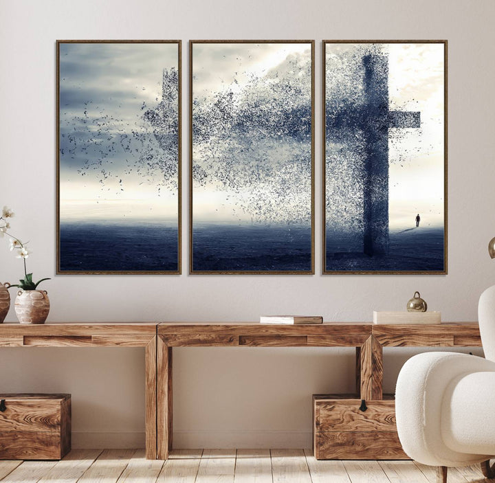 The Jesus and the Fading Cross wall art portrays a moody landscape.