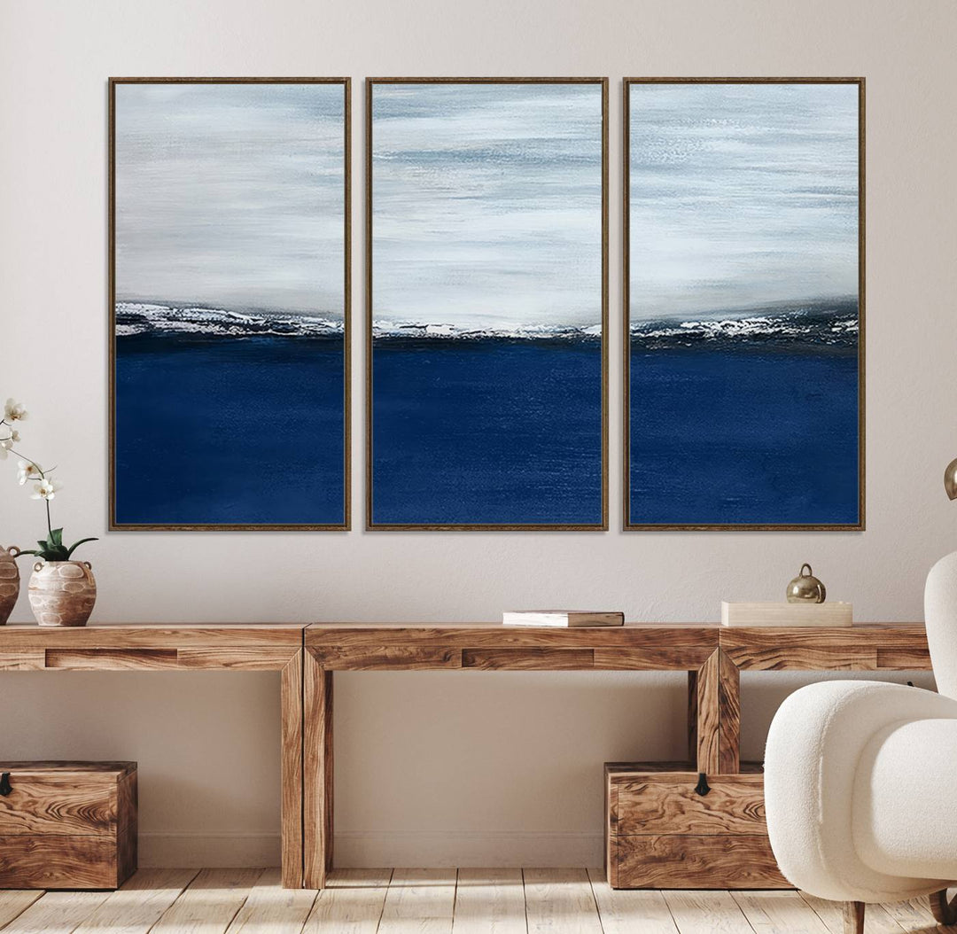 A Navy Blue Abstract Wall Art Canvas Print is displayed above the backsplash.