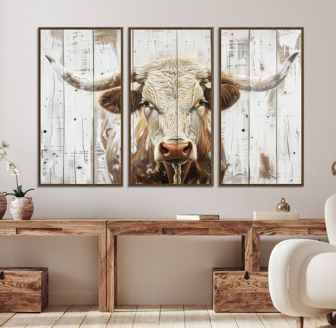 A Western-inspired Rustic Longhorn Bull Wall Art Canvas Set.