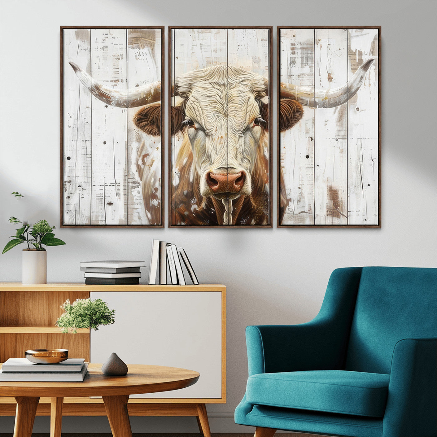 -Rustic Longhorn Bull Wall Art Canvas Set – Western-Inspired Farmhouse Décor - Ready to Hang