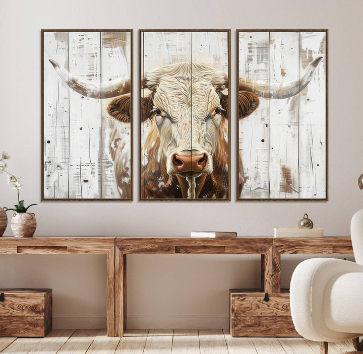 A Western-inspired Rustic Longhorn Bull Wall Art Canvas Set.