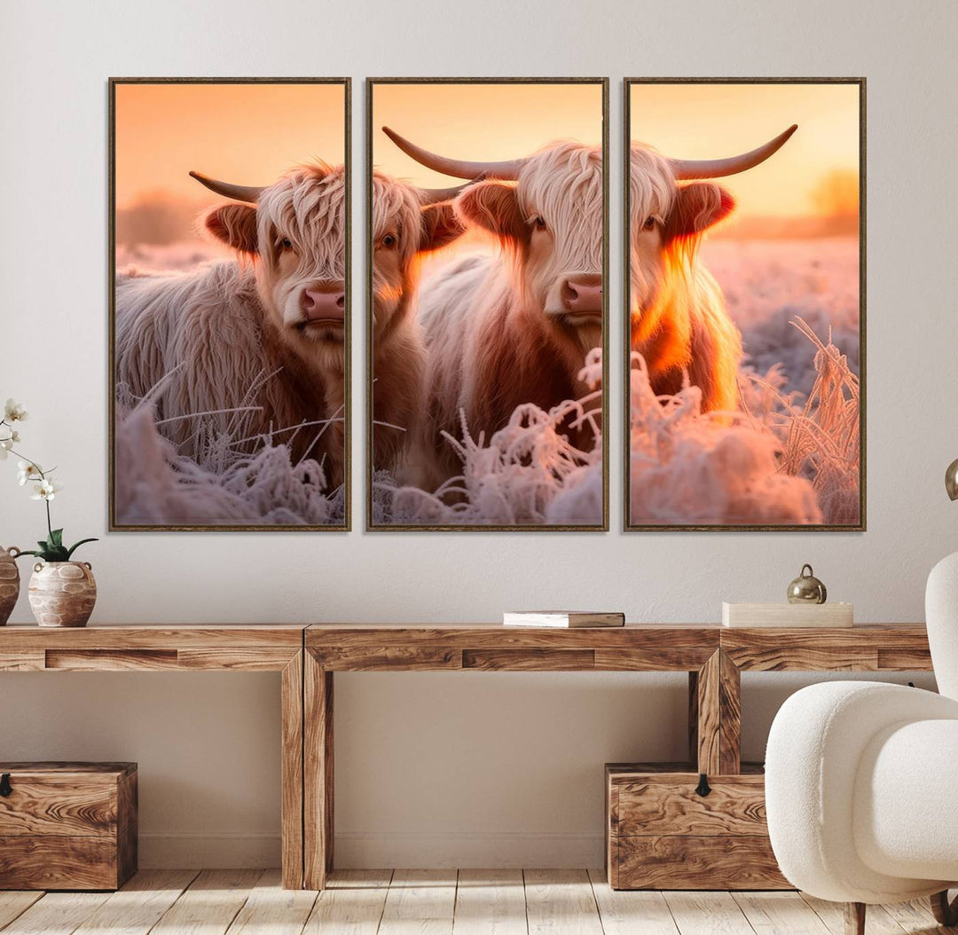 Highland Cows at Sunrise Wall Art adds serene rustic farmhouse charm.