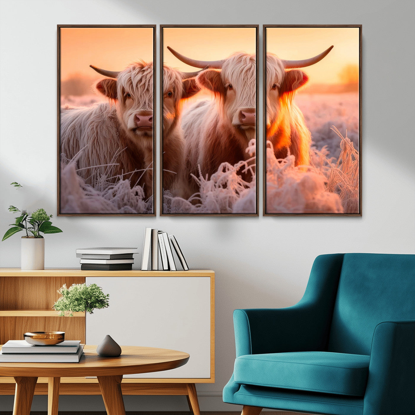 -Highland Cows at Sunrise Wall Art Canvas Set – Serene and Rustic Farmhouse Decor
