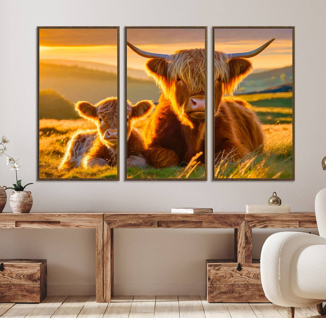 The Scottish Cow and Baby Cow Canvas Wall Art captures sunset fields.