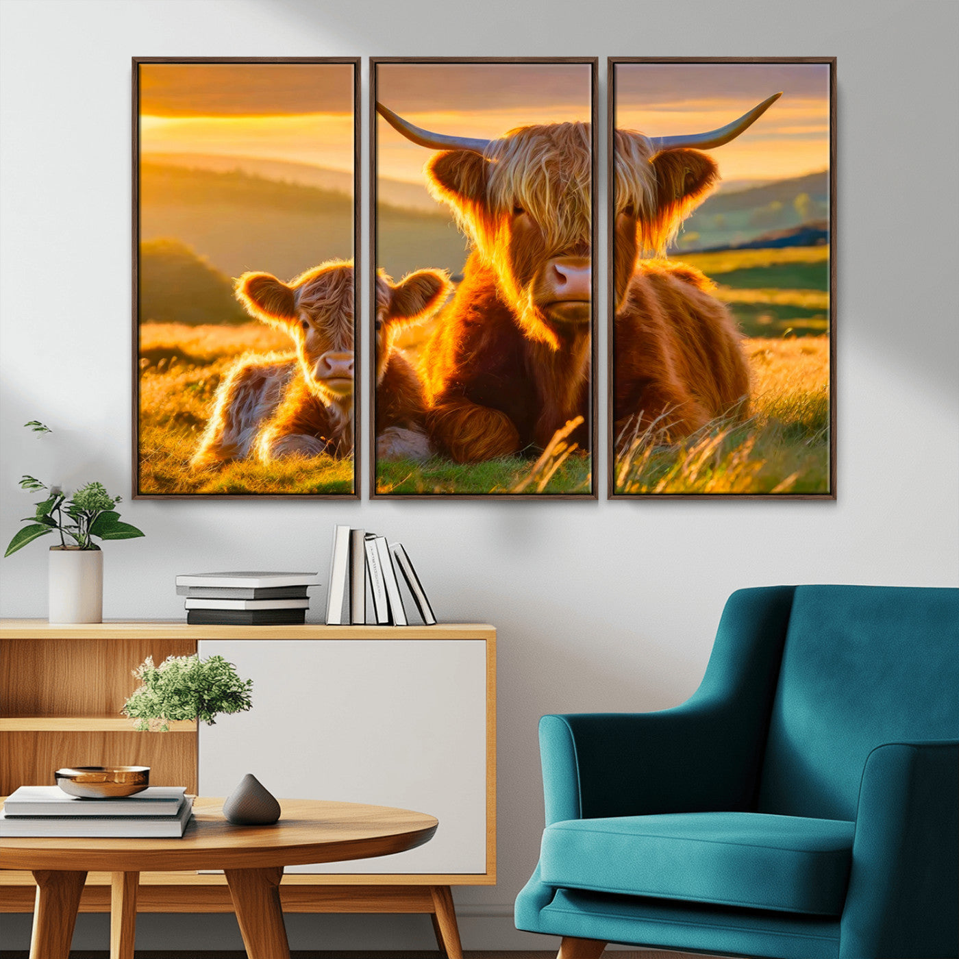 -Scottish Cow and Baby Cow Canvas Wall Art Animal Print Fluffy Cattle Framed Farmhouse Decor