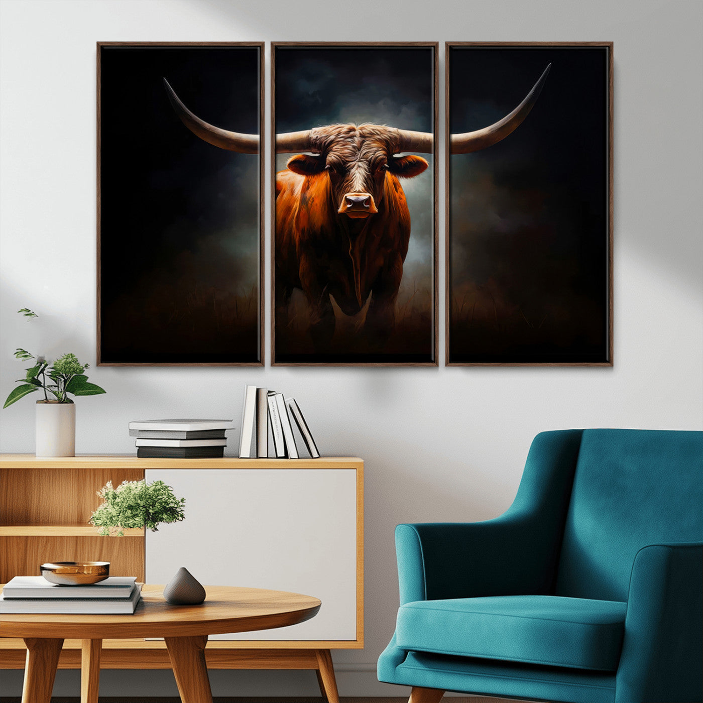 MGV-FC-48X32-3P - Abstract Texas Longhorn Wall Art Print | 3-Panel Large Texas Longhorn Canvas Print for Living Room, Office  Farmhouse Decor | Framed Longhorn Wall Art