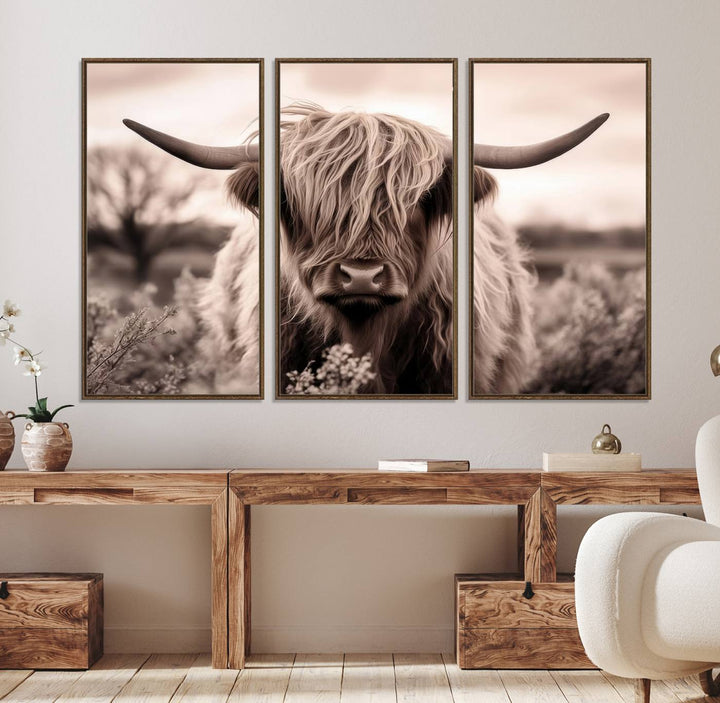 The Scottish Cow Longhorn Wall Art Canvas Print adds charm to the kitchen.