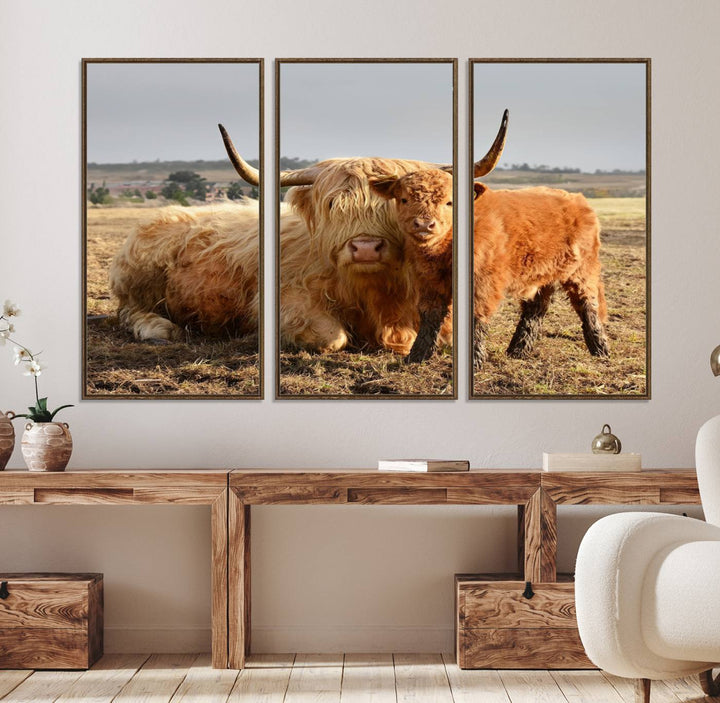 Highland Cow Canvas: a light brown cow and calf in the field, ideal farmhouse decor.