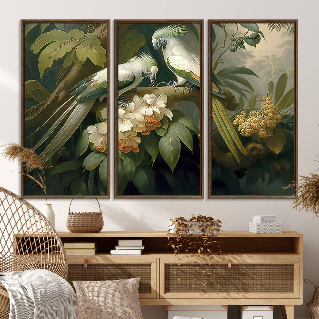 The Tropical Paradise Wall Art features a parrot in a lush forest.