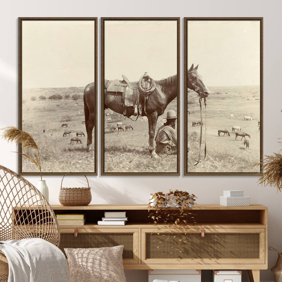 Cowboy Wall Art - Vintage Western Horse Canvas Print features a cowboy kneeling by his horse in a field.