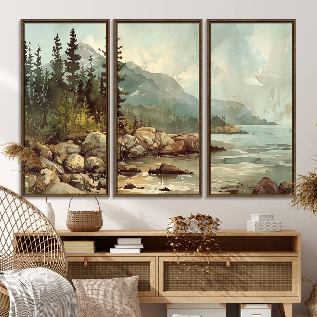 Framed Abstract Acadia National Park wall art, depicting a rocky coastline with trees and mountains, ready to hang.