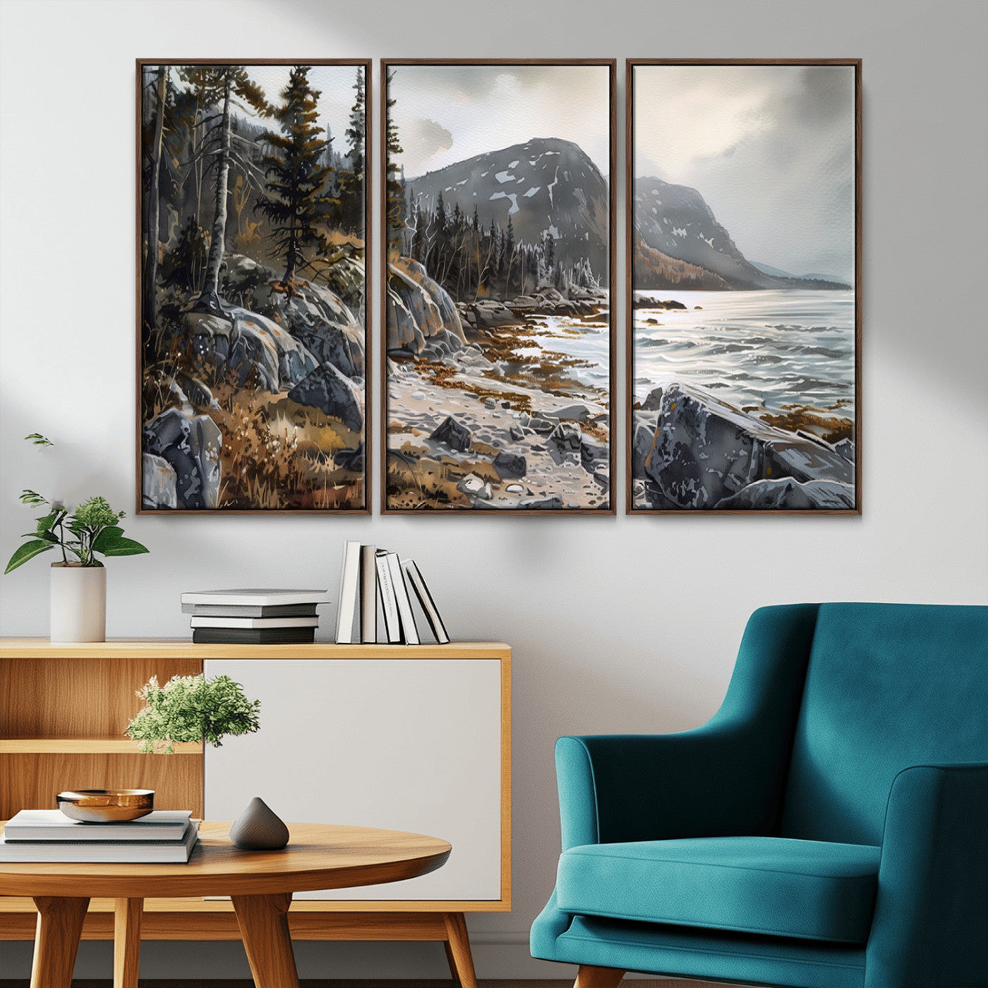 -Serene Coastal View of Acadia National Park - Stunning 3-Panel Wall Art Canvas Print, Framed, Ready