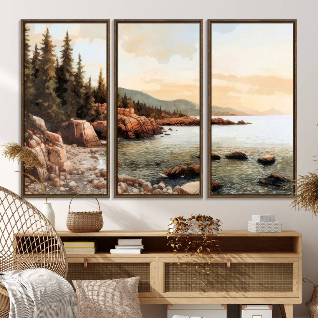 The Serene Coastal View of Acadia National Park 3-panel canvas, framed and ready to hang, adorns the wall.