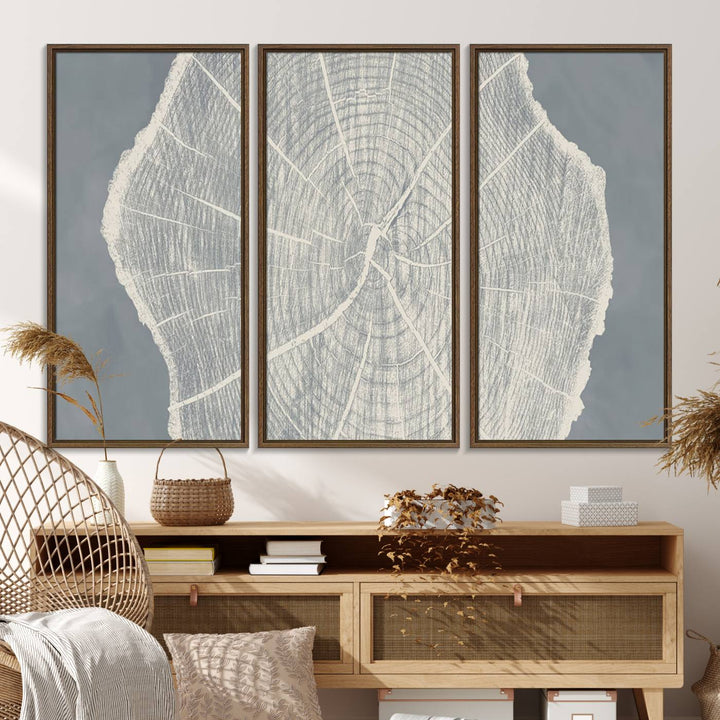 A gray wall displays the Abstract Tree Ring Wall Art print.