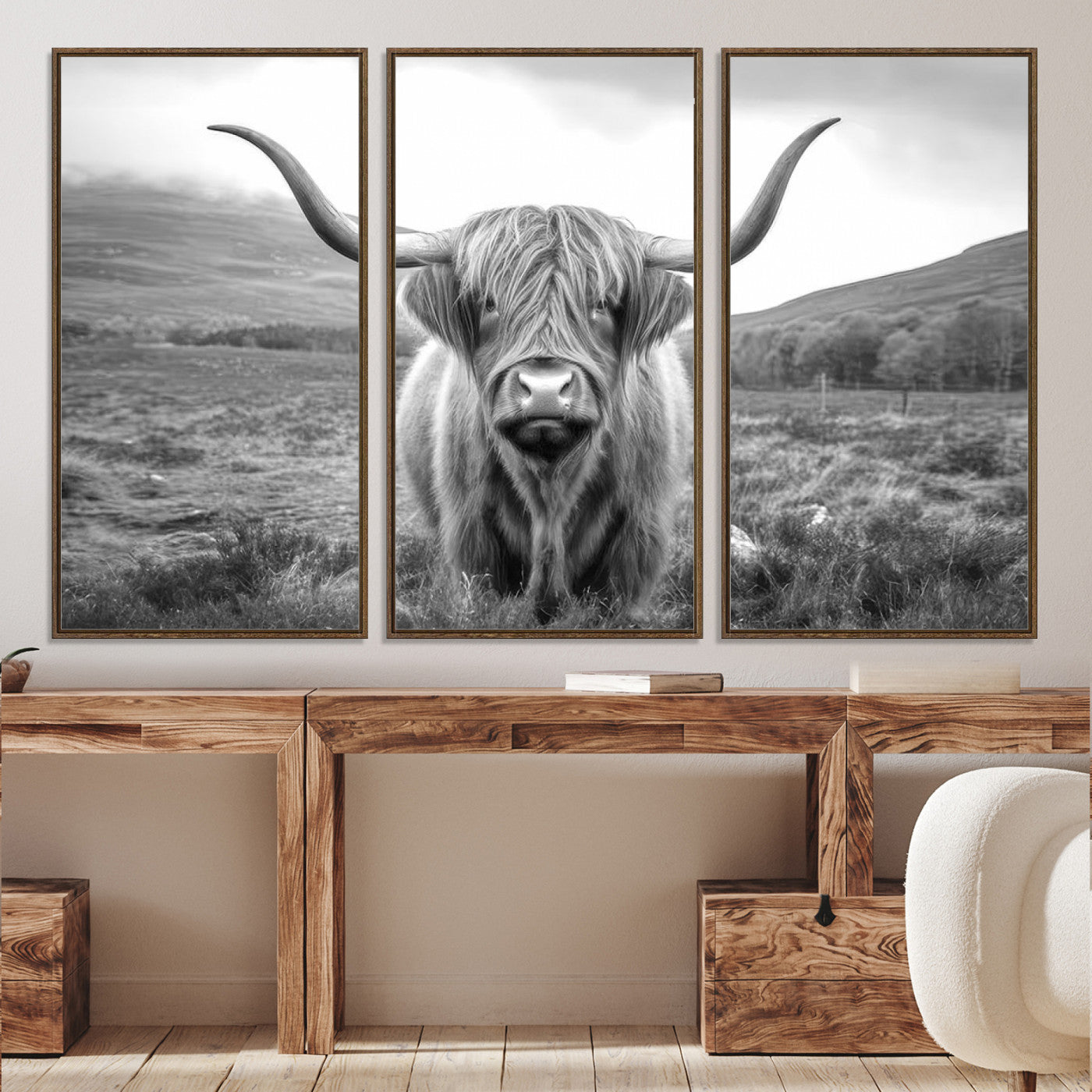 Black White Scottish Highland Cow Canvas Farm Wall Art Canvas Print