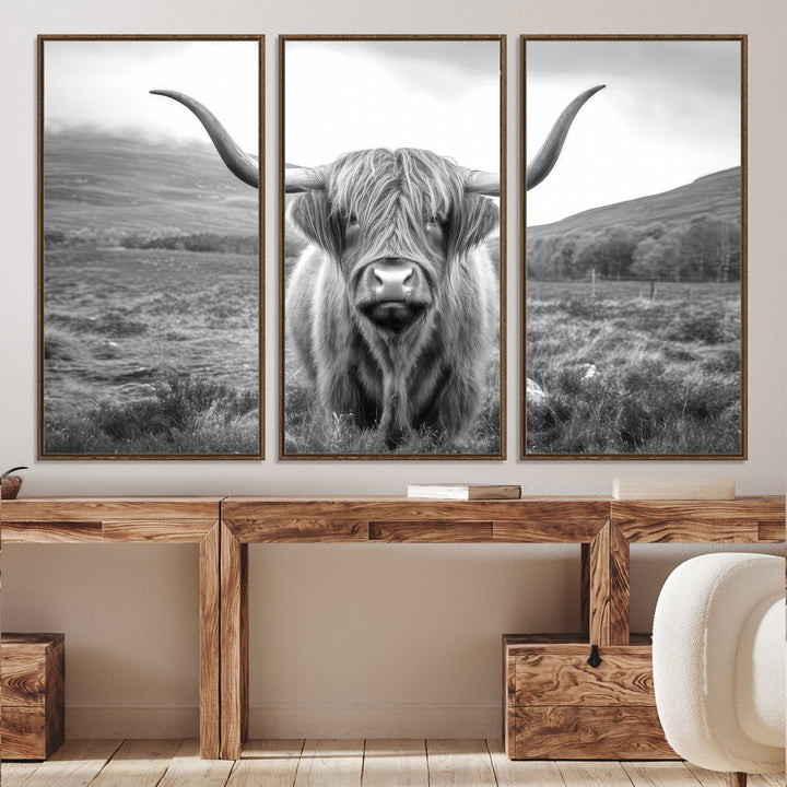 Black White Scottish Highland Cow Canvas Farm Wall Art Canvas Print
