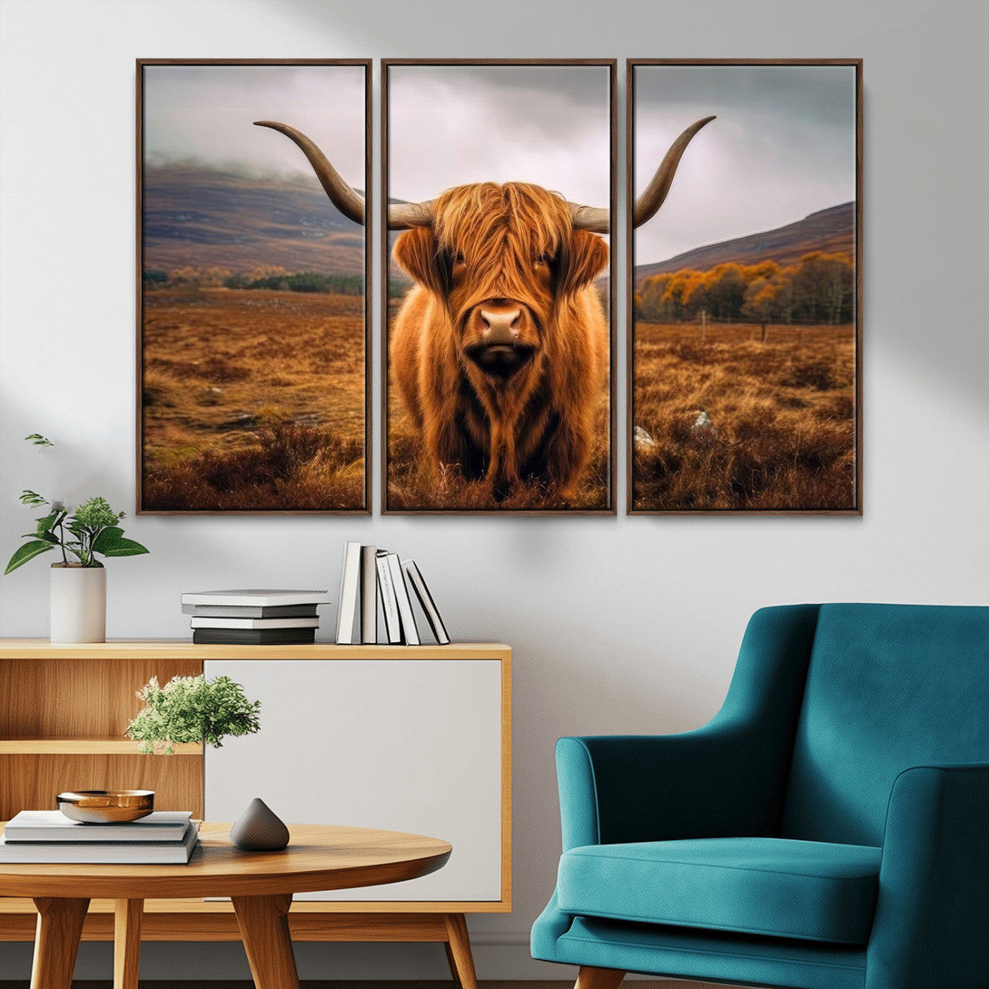 65529-MGV-FC-48X32-3P_Walnut-Highland Cow Longhorn Wall Art – Rustic Canvas Print, Framed and Ready to Hang for Farmhouse Décor