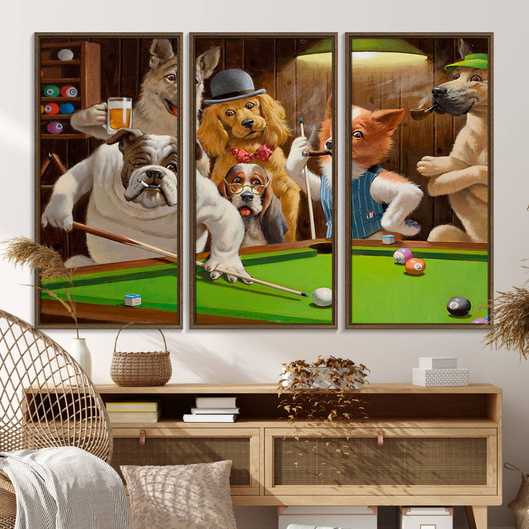 Dogs Playing Pool Canvas Wall Art: This artwork depicts a room where dogs are engaged in a game of pool. One dog is poised to cue while others observe the scene.