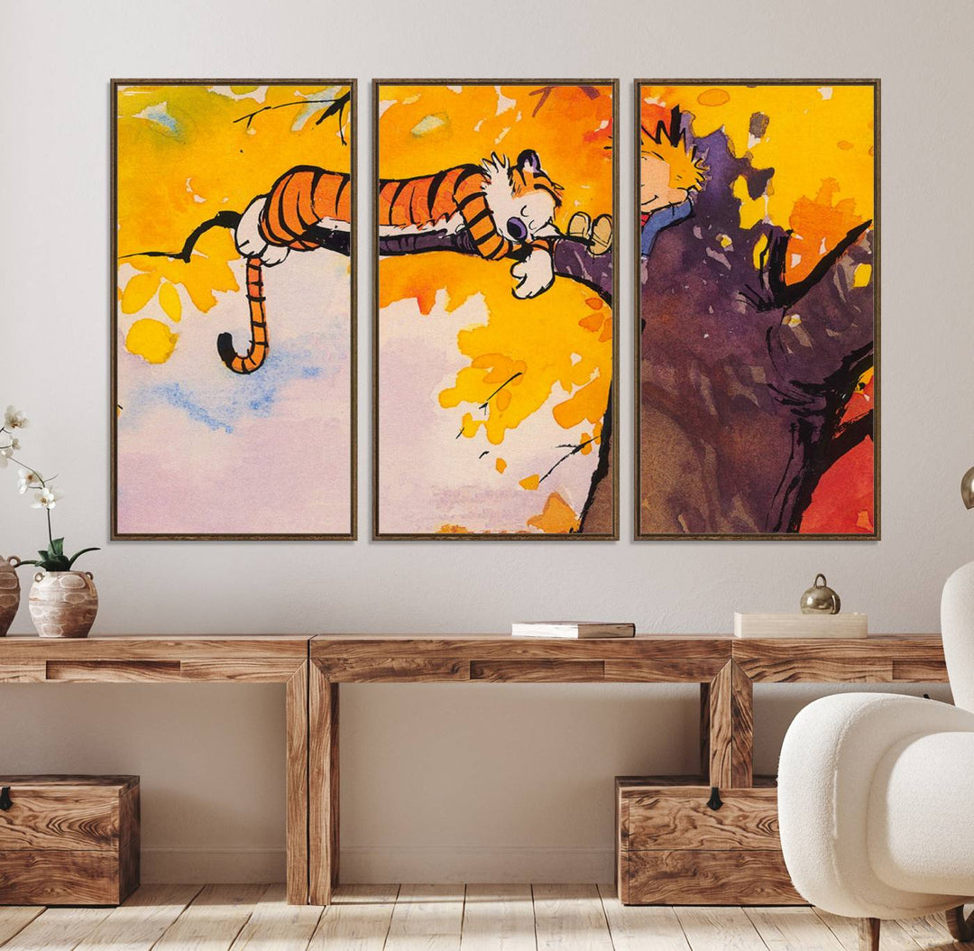 A wall art featuring a boy and a tiger amidst autumn leaves, reminiscent of the Calvin and Hobbes Tree Scene Canvas Print, ideal for creating a playful atmosphere.