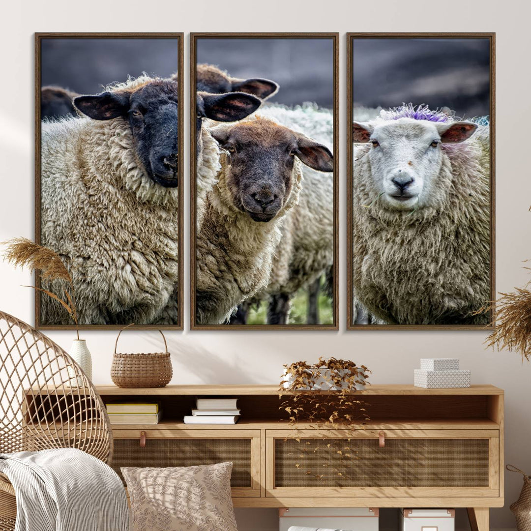 The Charming Sheep Portrait Wall Art hangs on a wooden wall.