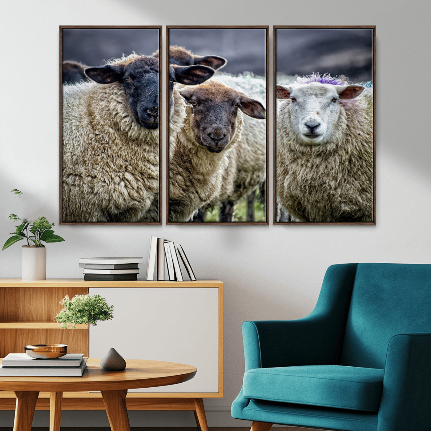 -Charming Sheep Portrait Wall Art – Trio of Woolly Companions Canvas Print, Framed, Ready to Hang