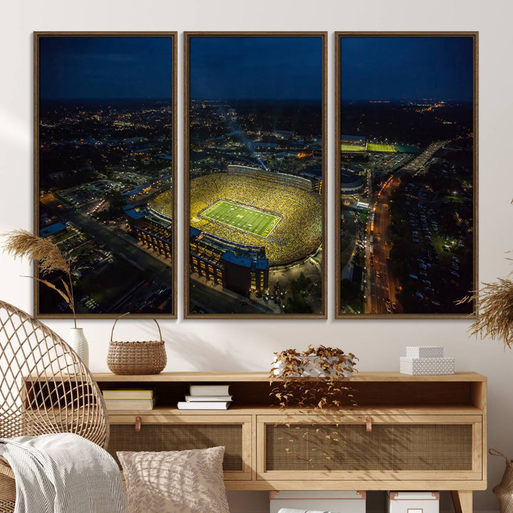 Aerial view of Michigan Stadium nightlife on canvas – Framed, ready-to-hang sports arena wall art.