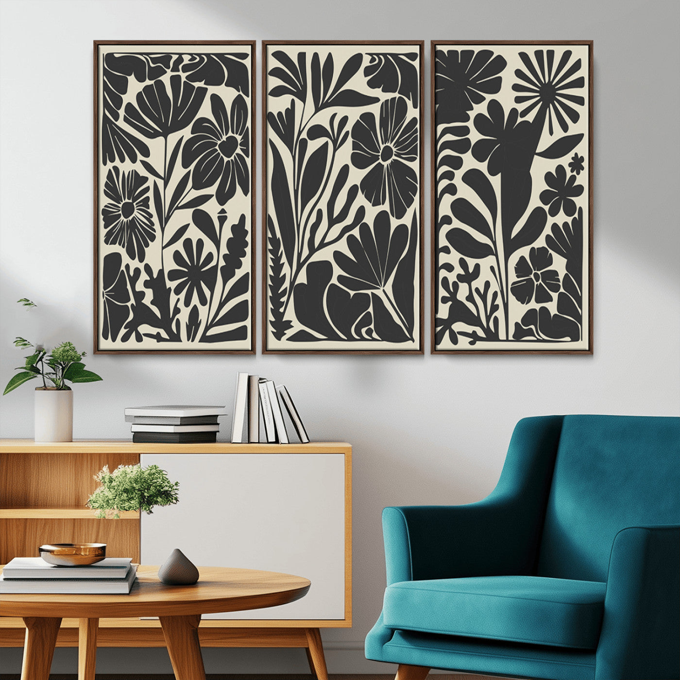 MGV-FC-48X32-3P - Modern Botanical Wall Art - Floral Black and White Canvas Print, Framed, Ready to Hang