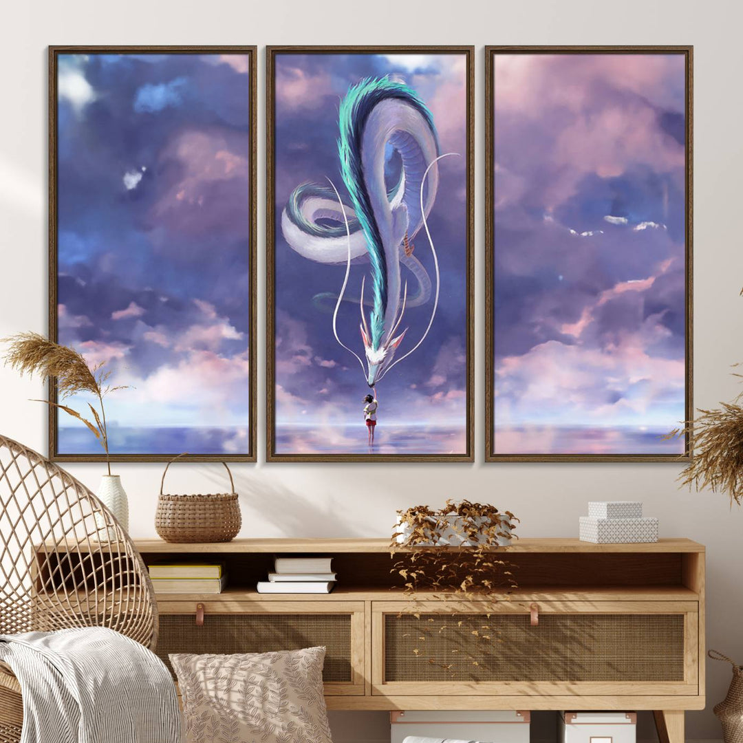 The Spirited Away Haku and Chihiro poster captures a cherished scene for anime lovers under a colorful, cloudy sky.