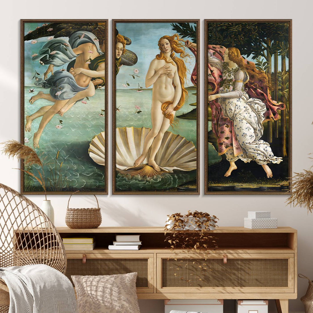 A canvas print of Botticellis The Birth of Venus is displayed on the wall.