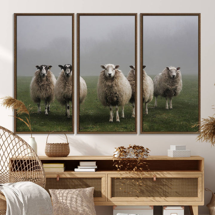 The Flock of Sheep in a Mystical Fog canvas print is framed and ready to hang.