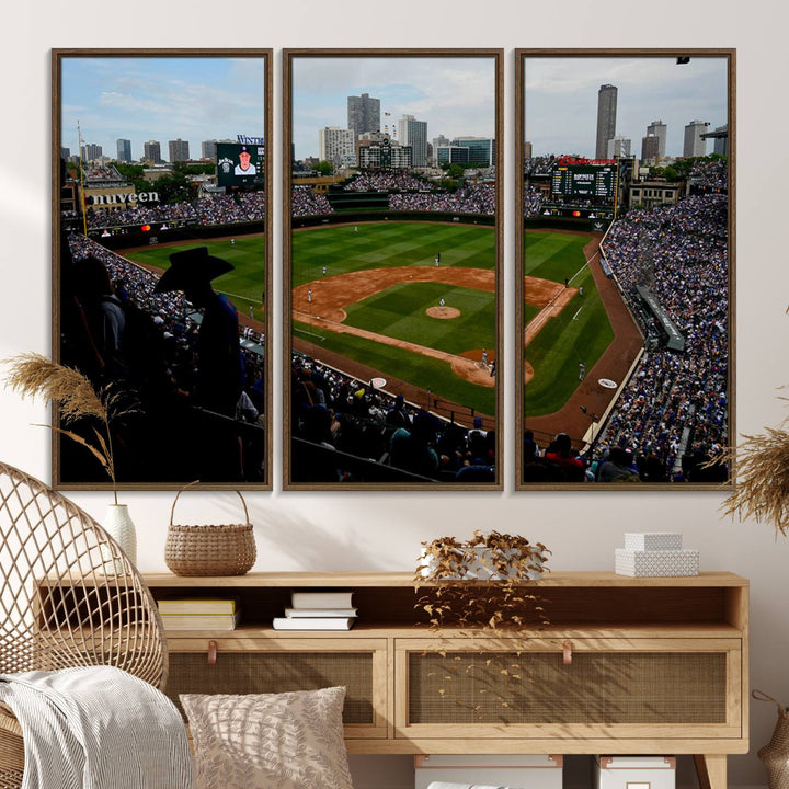 Admire this museum-quality canvas print of a Chicago Cubs game with a cityscape view from the stands at Wrigley Field.