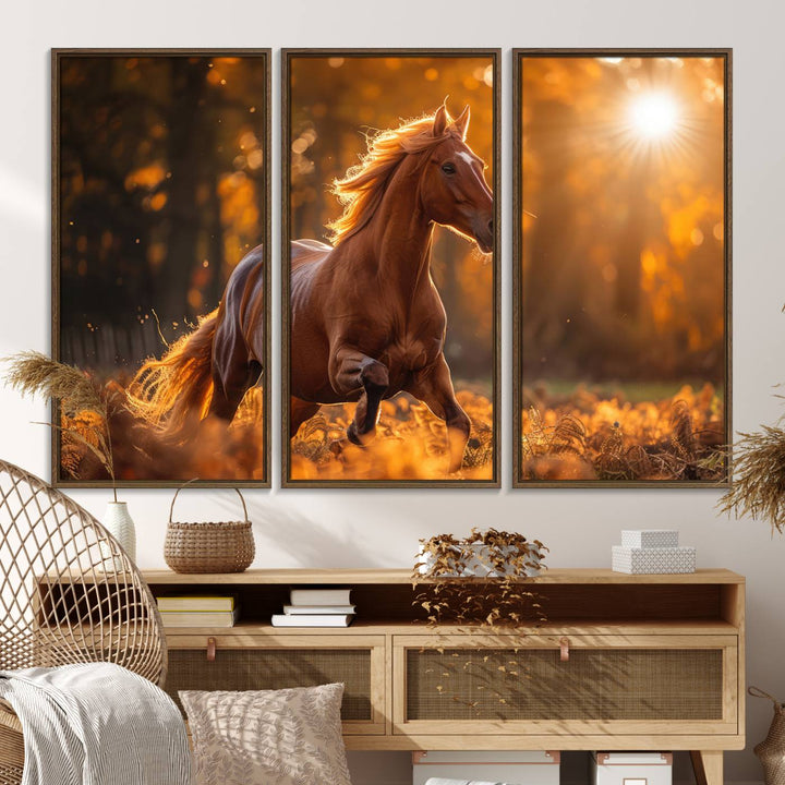 The Running Horse Sunset Forest Wall Art Canvas Print showcases a gallop in an autumn forest with sunlight streaming through the trees.