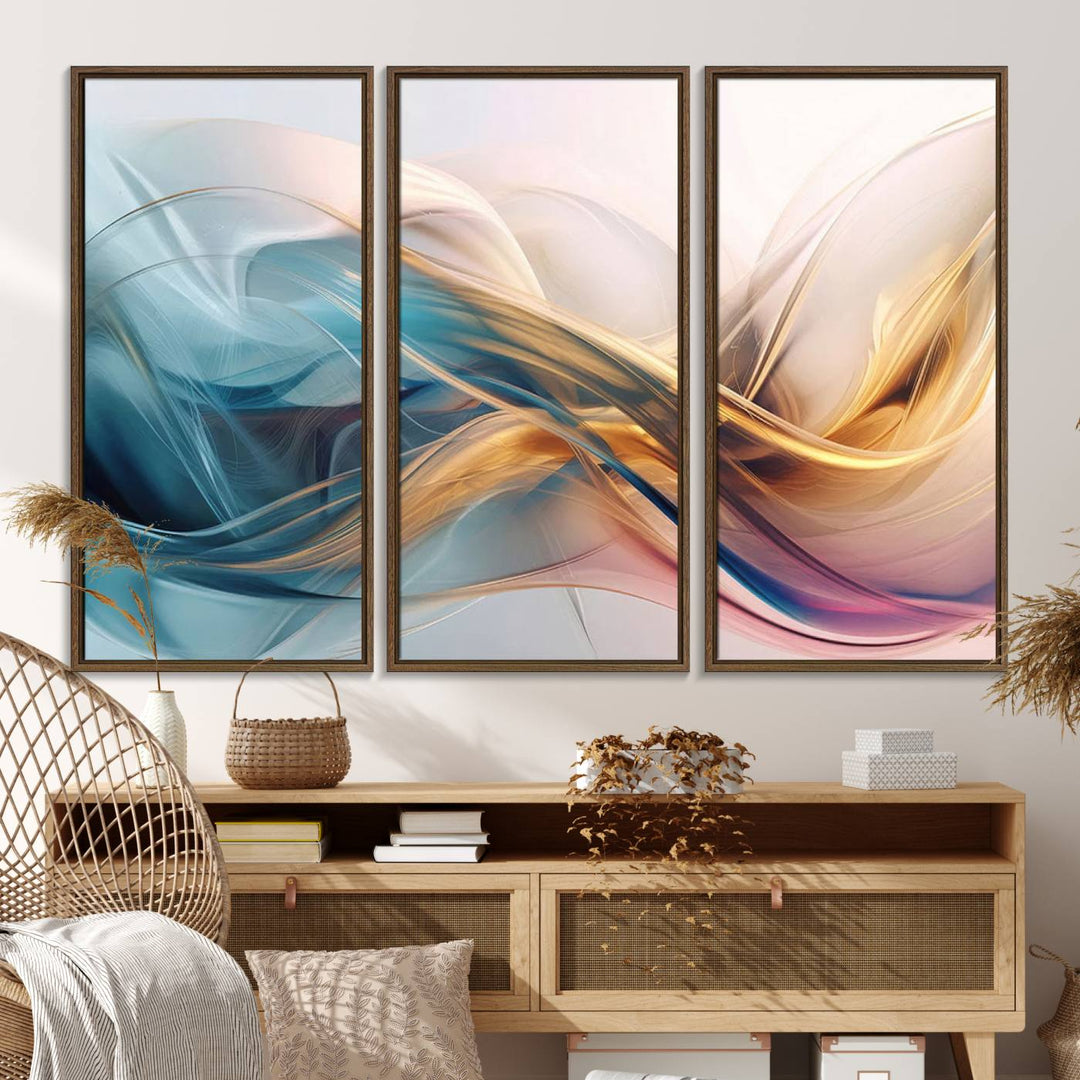 Abstract Flowing Colors Wall Art featuring blue, gold, and pink adds modern elegance to the space.