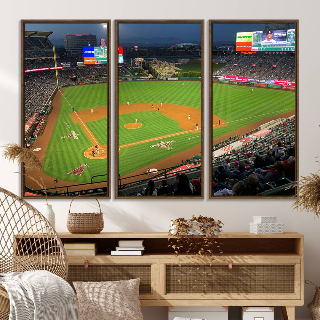 The Angel Stadium Aerial View canvas print of an Angels baseball game is showcased.