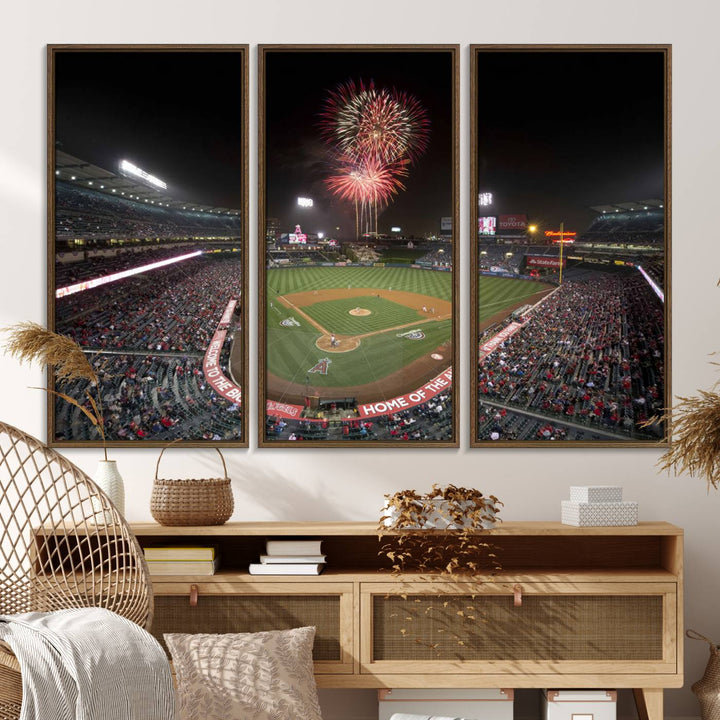 Fireworks at Angel Stadium – LA Angels Night Game Canvas Print, framed and ready to hang.