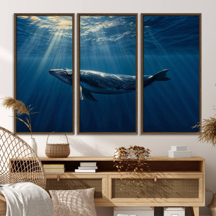 The Whale under Ocean wall art canvas print graces the white wall.