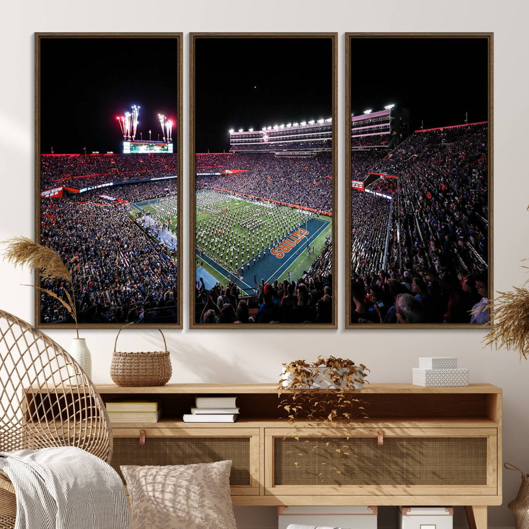 The Gators Night Game Canvas Art captures a lively night at Ben Hill Griffin Stadium with vibrant fireworks and the energy of a live band.